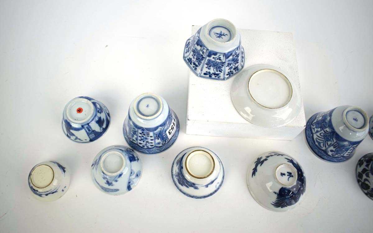 Twelve 18th century and later Chinese blue and tea bowls, cups etc., including a pair of cups - Image 7 of 14