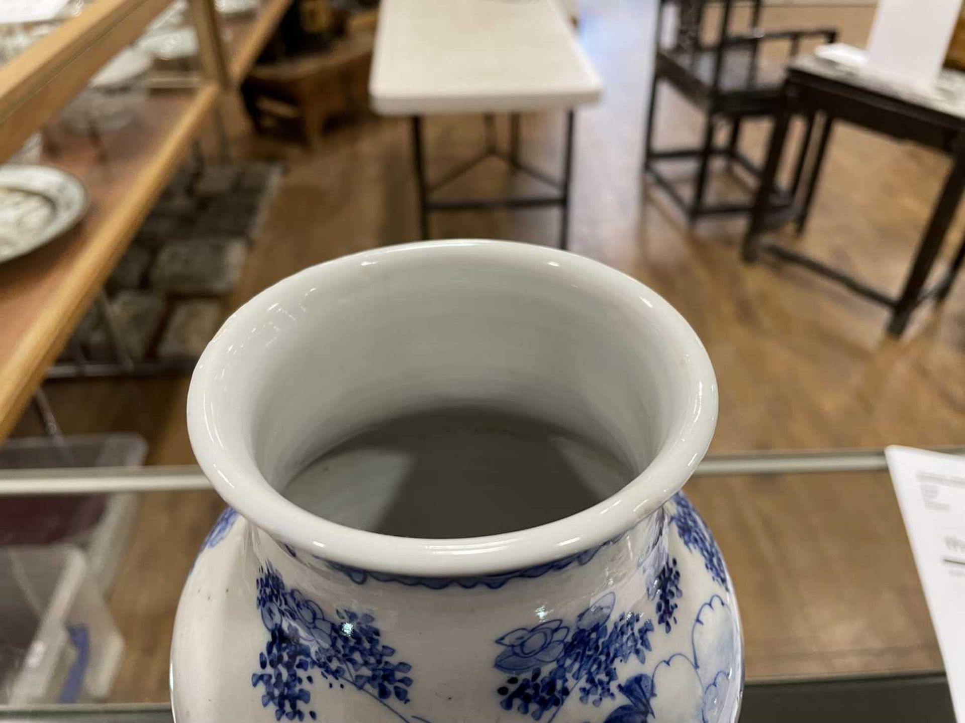 A Chinese blue and white blossom pattern brush pot of cylindrical form on a fixed hardwood base, - Image 14 of 54