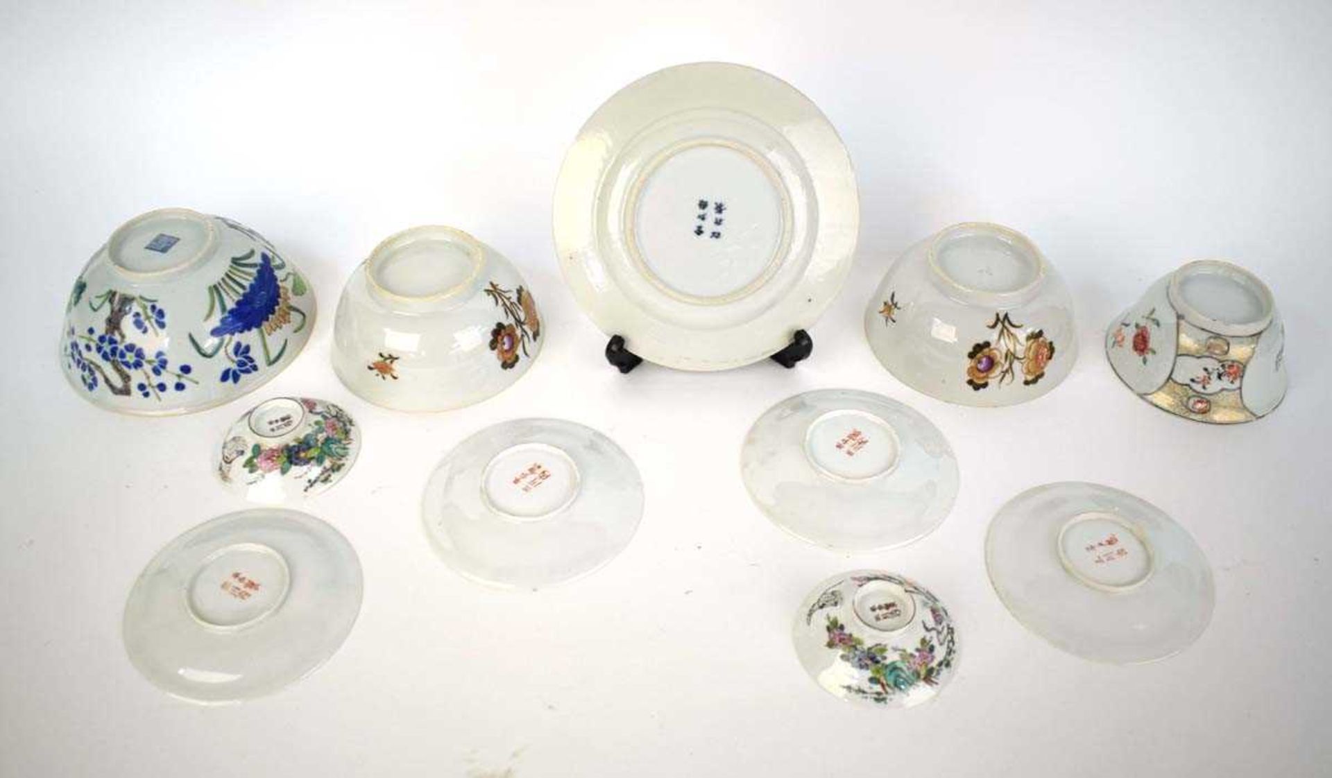 A group of Japanese eggshell porcelain including five saucers, each decorated in coloured enamels - Image 4 of 13