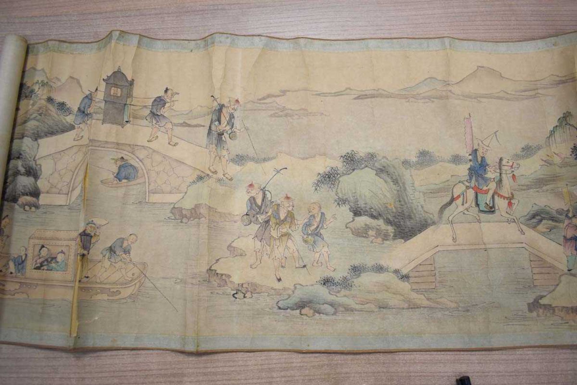 A Chinese scroll decorated with an extensive landscape, approx. 240 x 31cm, together with gilt - Image 3 of 15