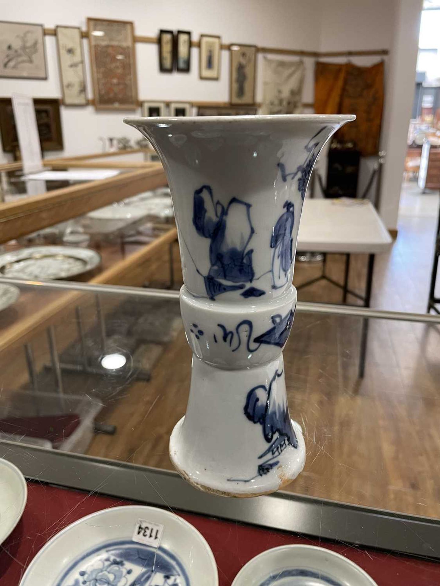 A Chinese blue and white blossom pattern brush pot of cylindrical form on a fixed hardwood base, - Image 38 of 54