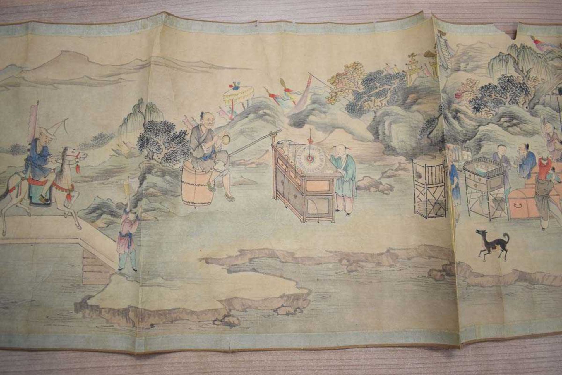 A Chinese scroll decorated with an extensive landscape, approx. 240 x 31cm, together with gilt - Image 4 of 15