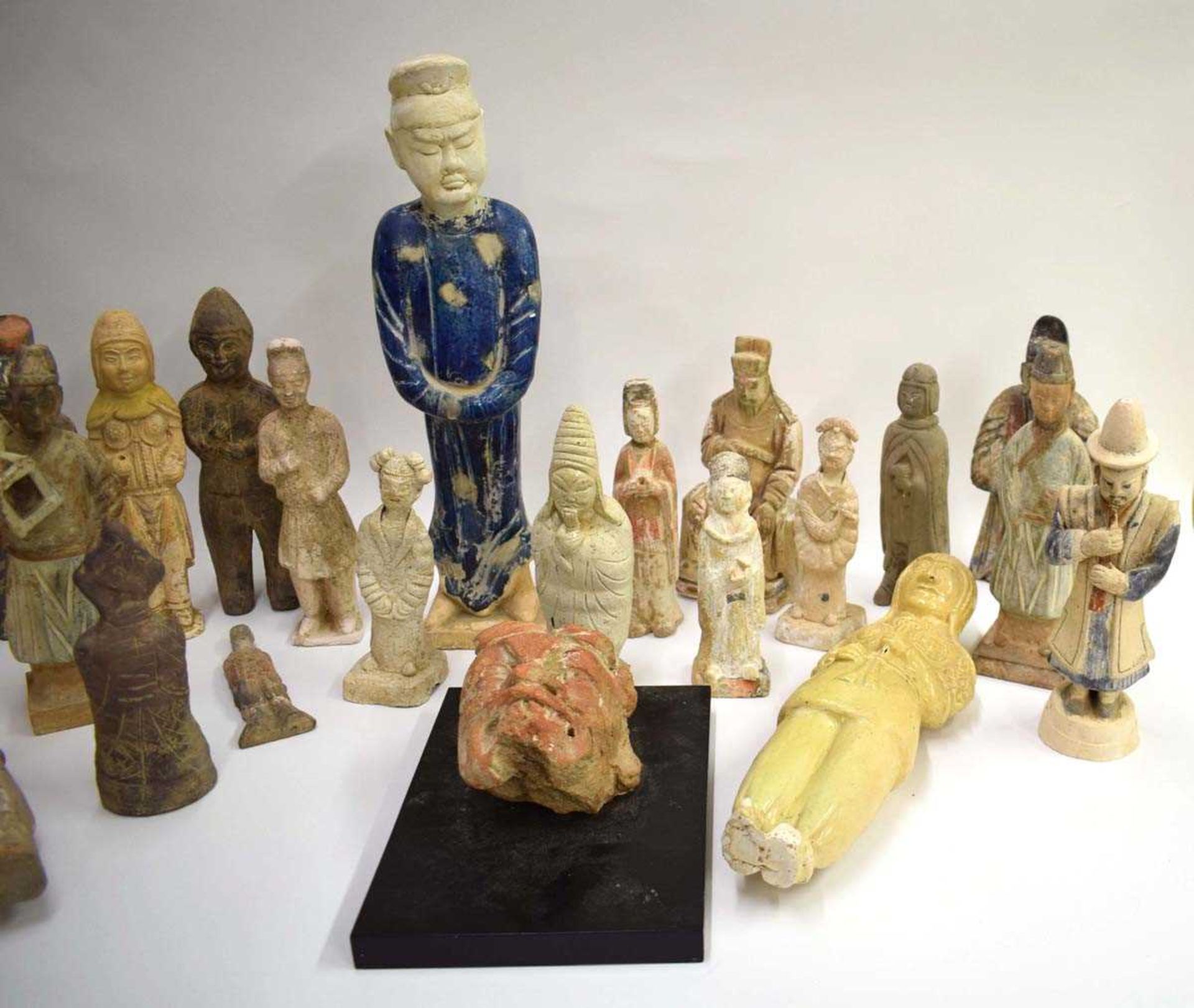 Twenty-three Chinese pottery tomb and other figures of varying sizes, including a mounted mask, l. - Image 6 of 36