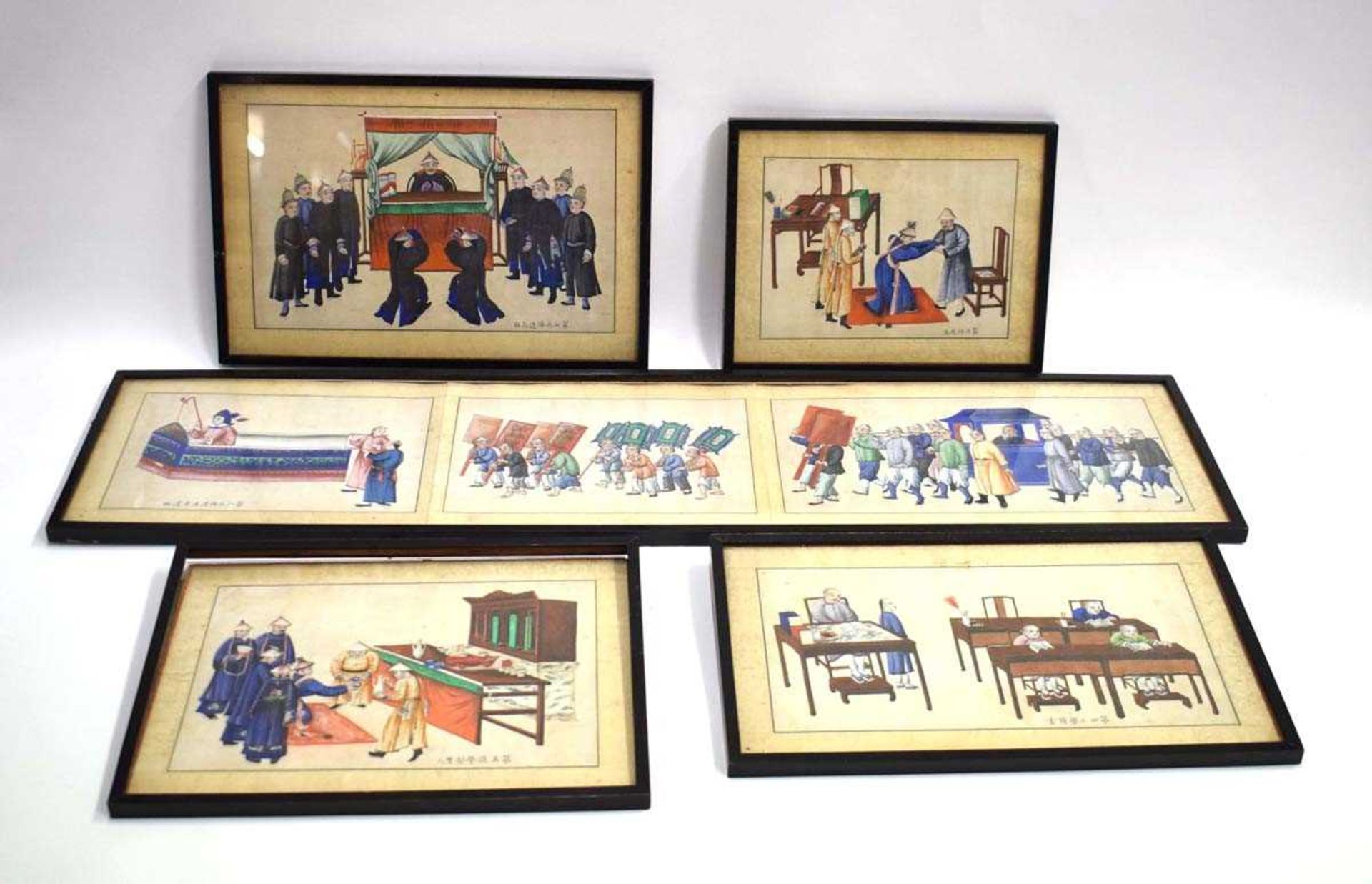 A set of three Chinese paintings, each depicting a processional scene, overall 18 x 82.5 cm,