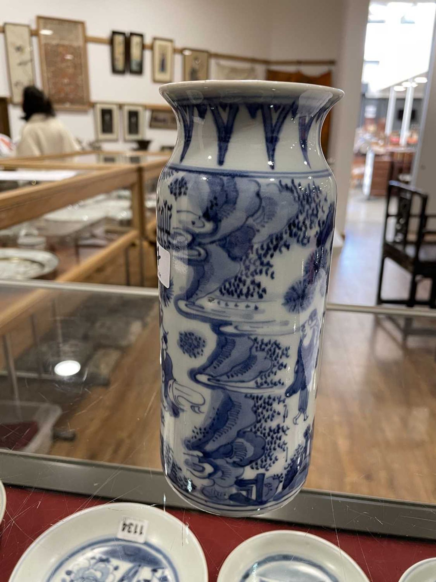 A Chinese blue and white blossom pattern brush pot of cylindrical form on a fixed hardwood base, - Image 44 of 54