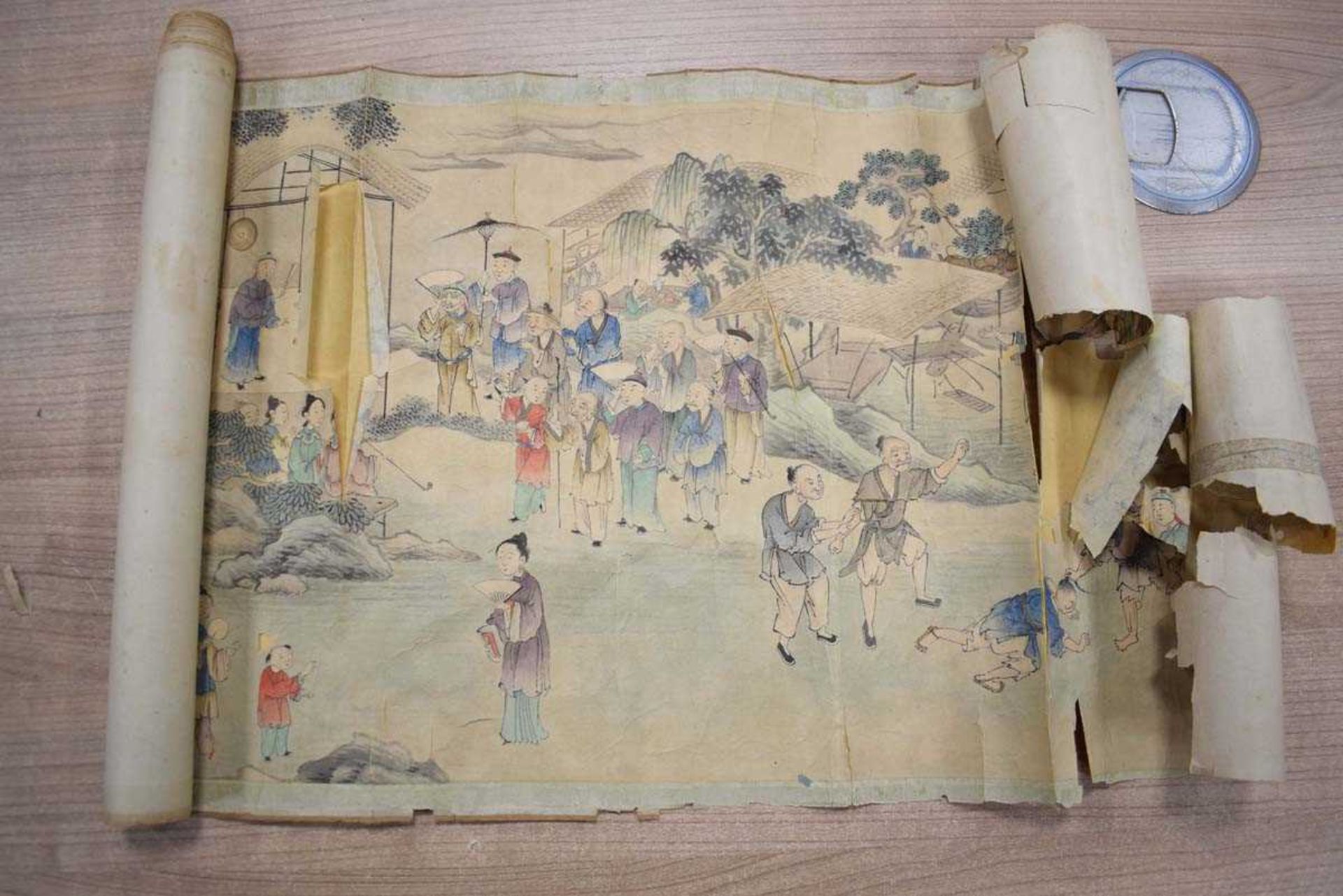 A Chinese scroll decorated with an extensive landscape, approx. 240 x 31cm, together with gilt - Image 6 of 15