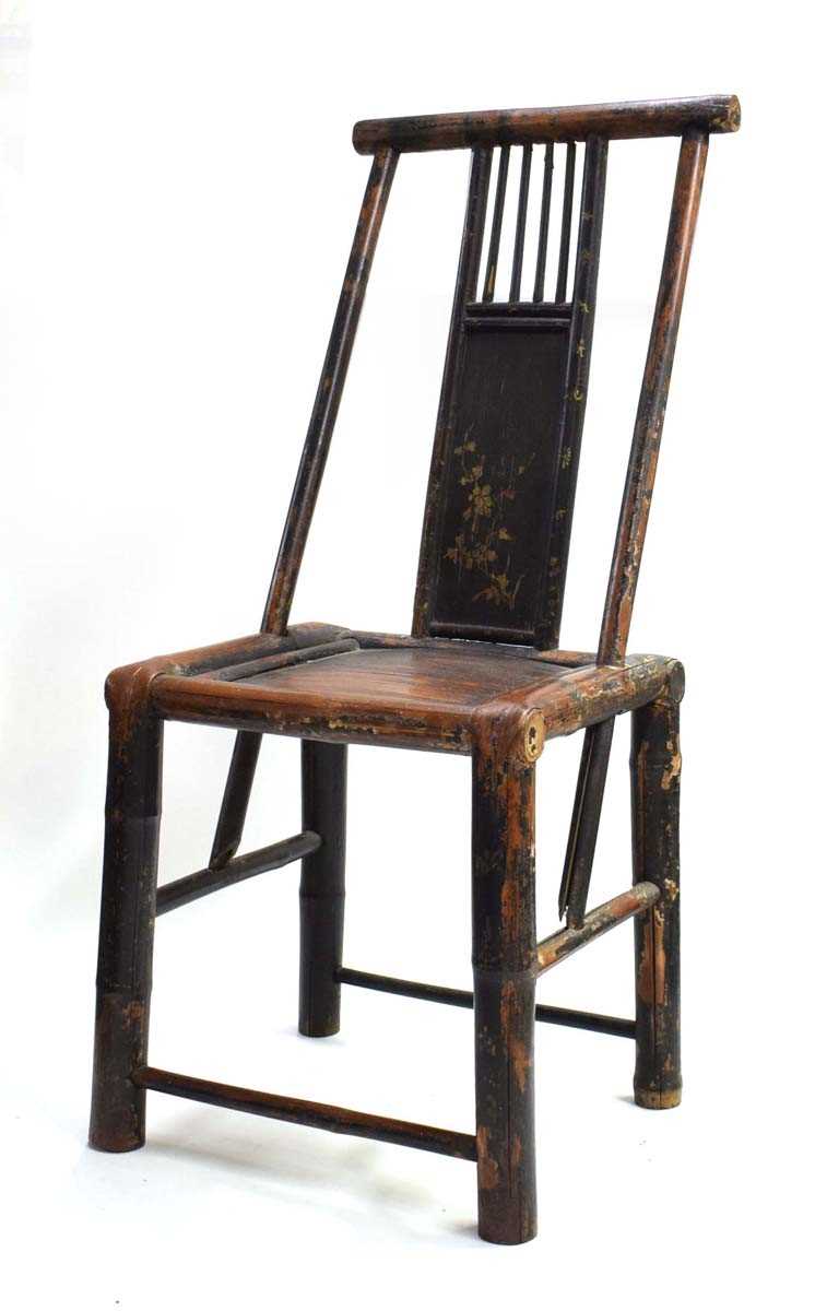 A Japanese lacquered bamboo side chair decorated with foliate motifs, w. 44 cm, h. 104 cm, d. 38