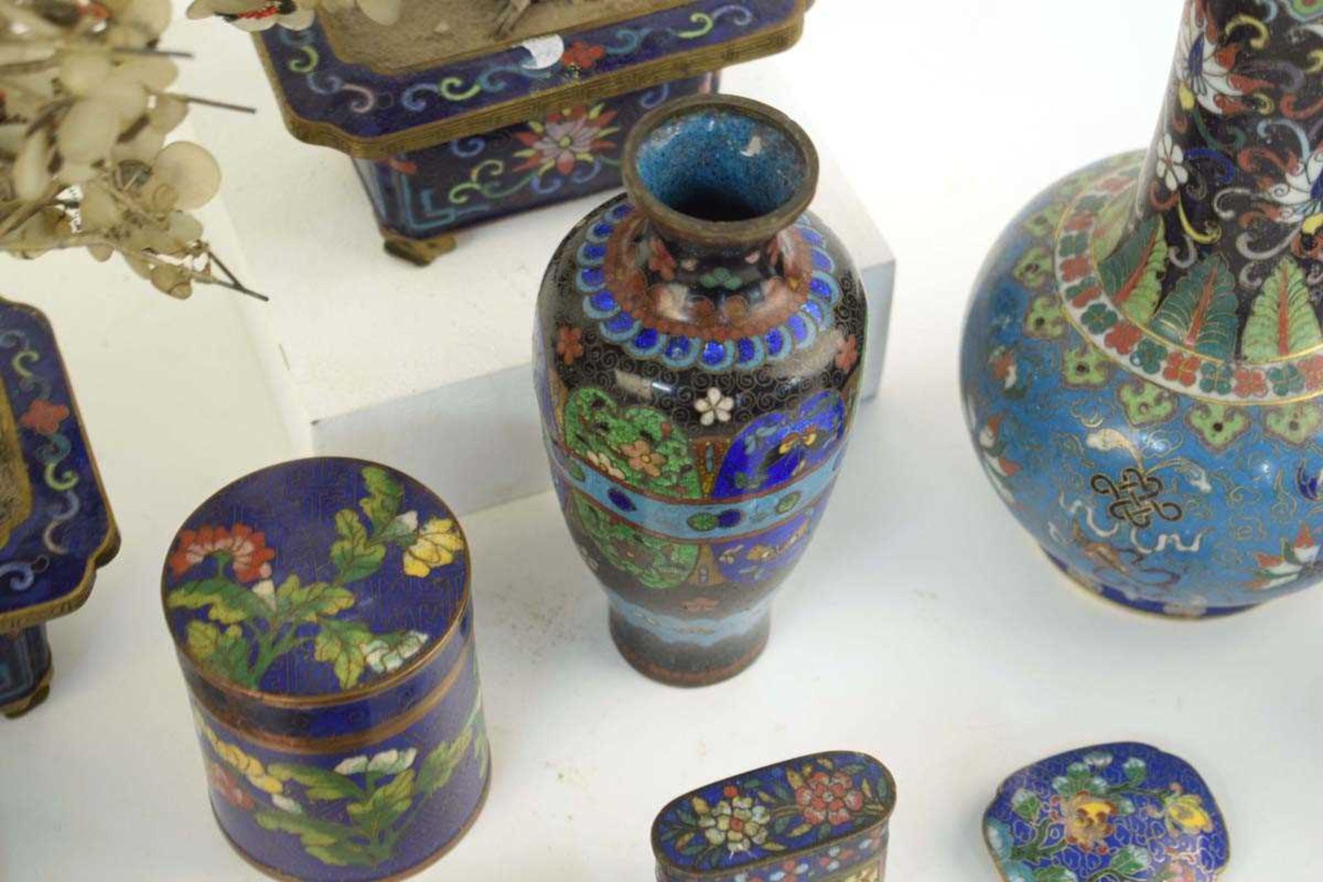 A pair of 19th century Chinese cloisonné enamelled vases, each containing a faux bonsai tree, h. - Image 4 of 31