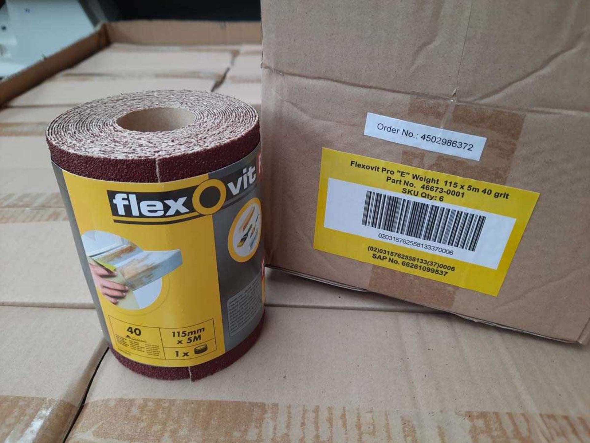 +VAT 10 boxes of Flex O Vit 6 x pack 5m roll of 40 grit sand paper (approx 60 rolls in total)