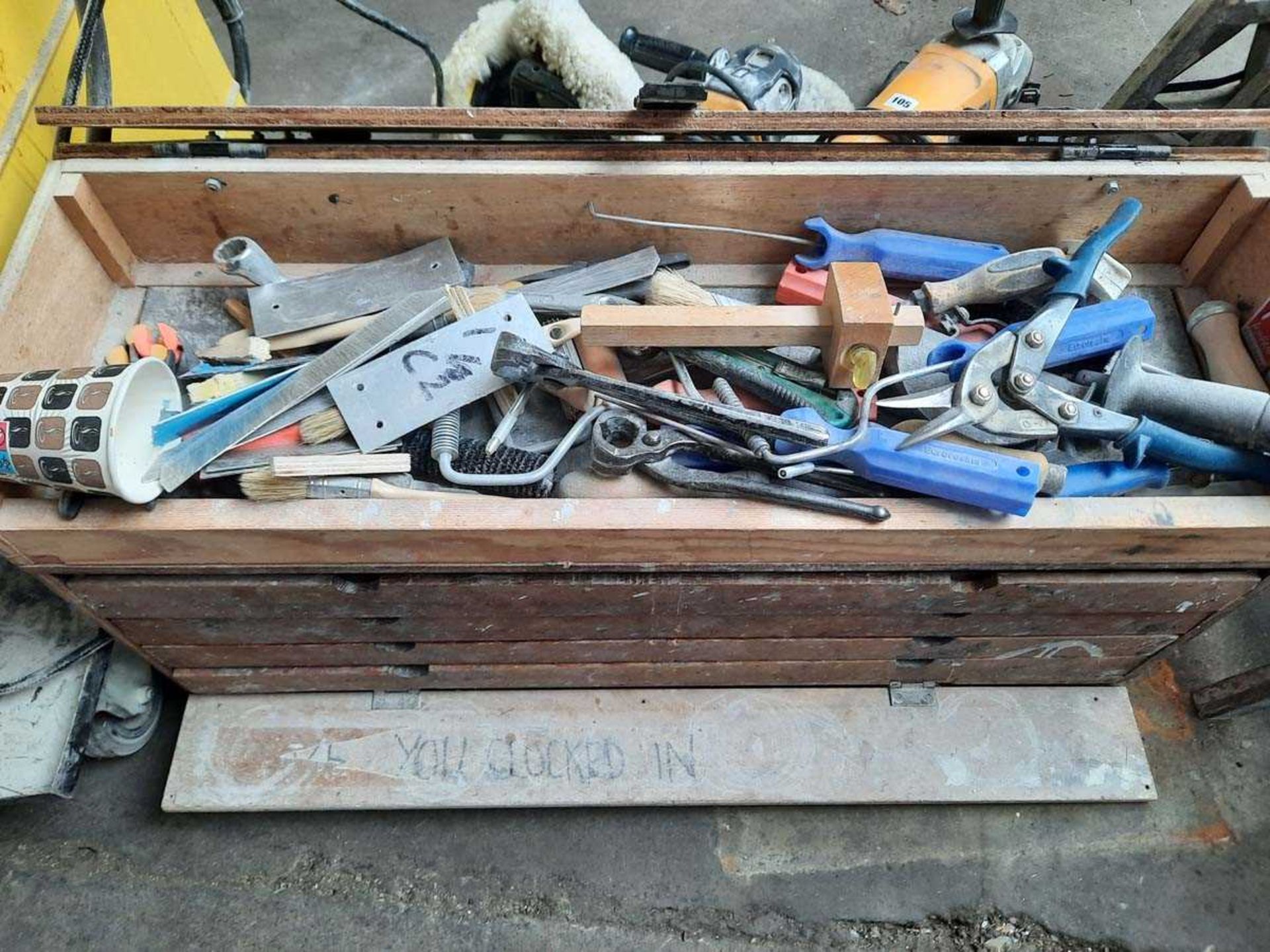 +VAT Carpenters type tool chest with tooling; brushes, rollers, snips, spanners etc