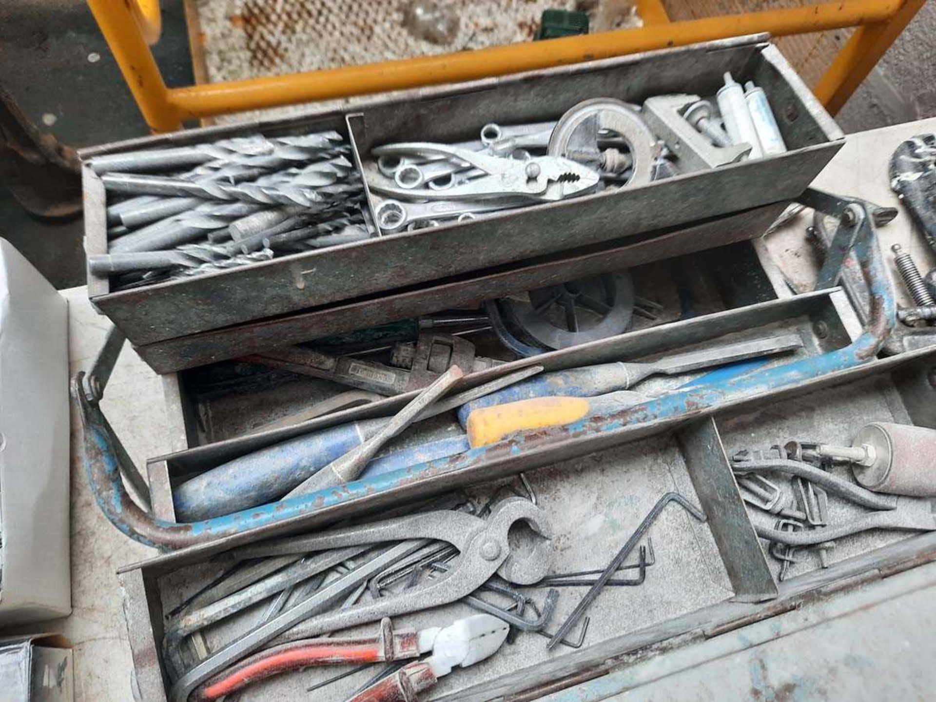 +VAT Metal toolcase and drawer of tooling; rasps, drill bits, spanners, chisels etc