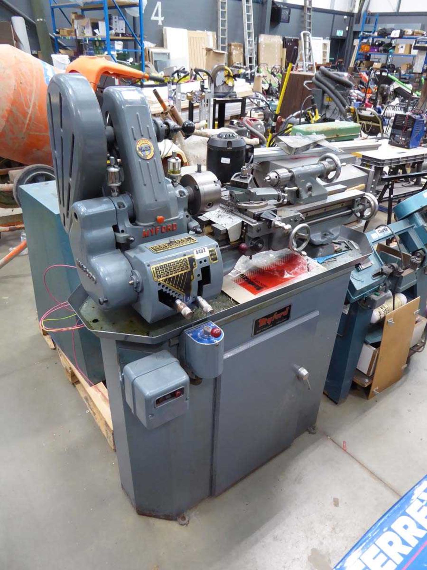 Myford ML7 metal working lathe on cabinet base