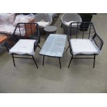 2 rattan style garden chairs and rectangular glass topped table