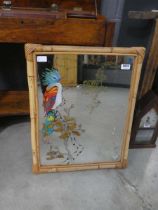 Mirror with painted bird and floral pattern in bamboo frame