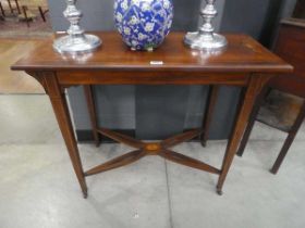 Inlaid Edwardian side table with x-shaped stretcher