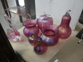 Quantity of coloured glass to include swans, pear, apple and vases