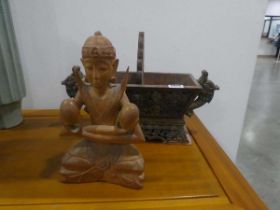 Carved eastern Buddha plus a Chinese polychrome plant pot
