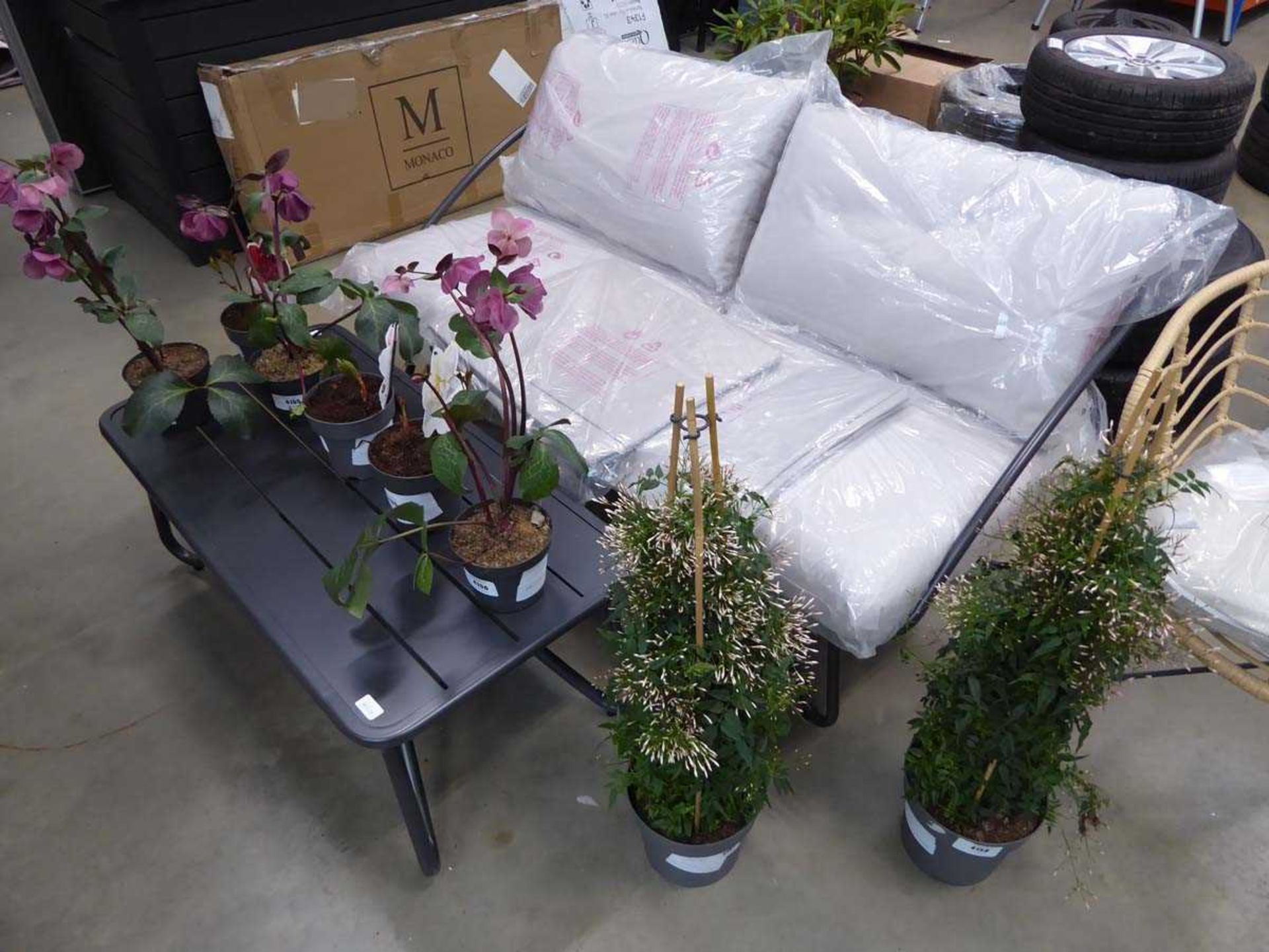 Two seater metal frame garden bench and a table