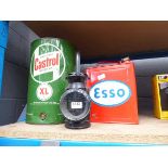 Esso fuel can, vintage lamp and one other tin