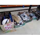 4 x boxes of assorted items including hinges, door handles, wheels, rope, etc