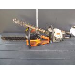 Stihl petrol powered hedge cutter and a petrol powered chainsaw