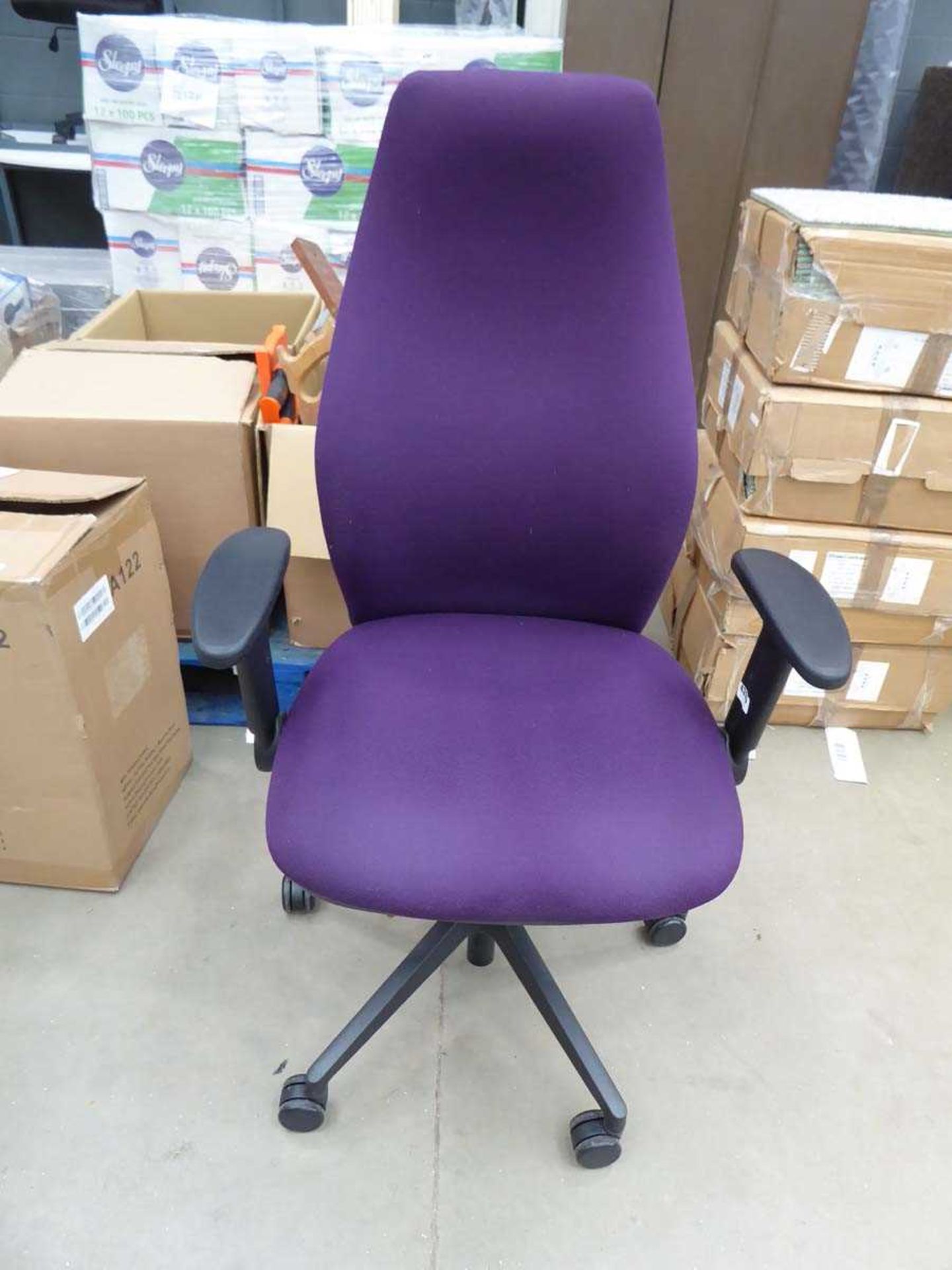 Purple cloth swivel armchair