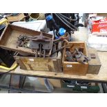 3 small wooden boxes of vintage tools inc, plane, vice, shackles, cobblers lasts and a weight