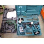 Bosch drill and Makita drill with two batteries and charger