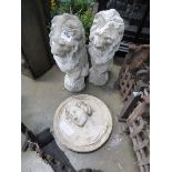 Concrete plaque of a ladies head plus 2 concrete lions