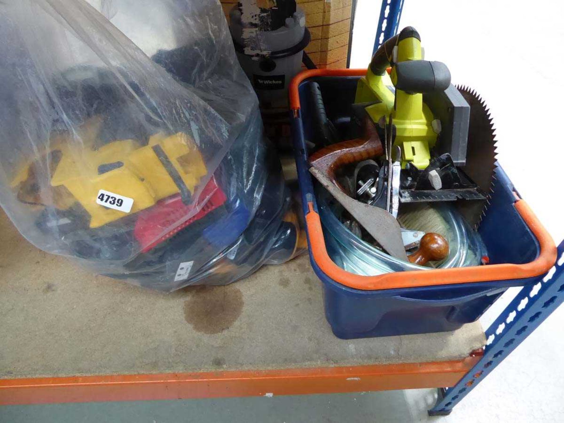 Bag of power tolls and box containing tools and power tools