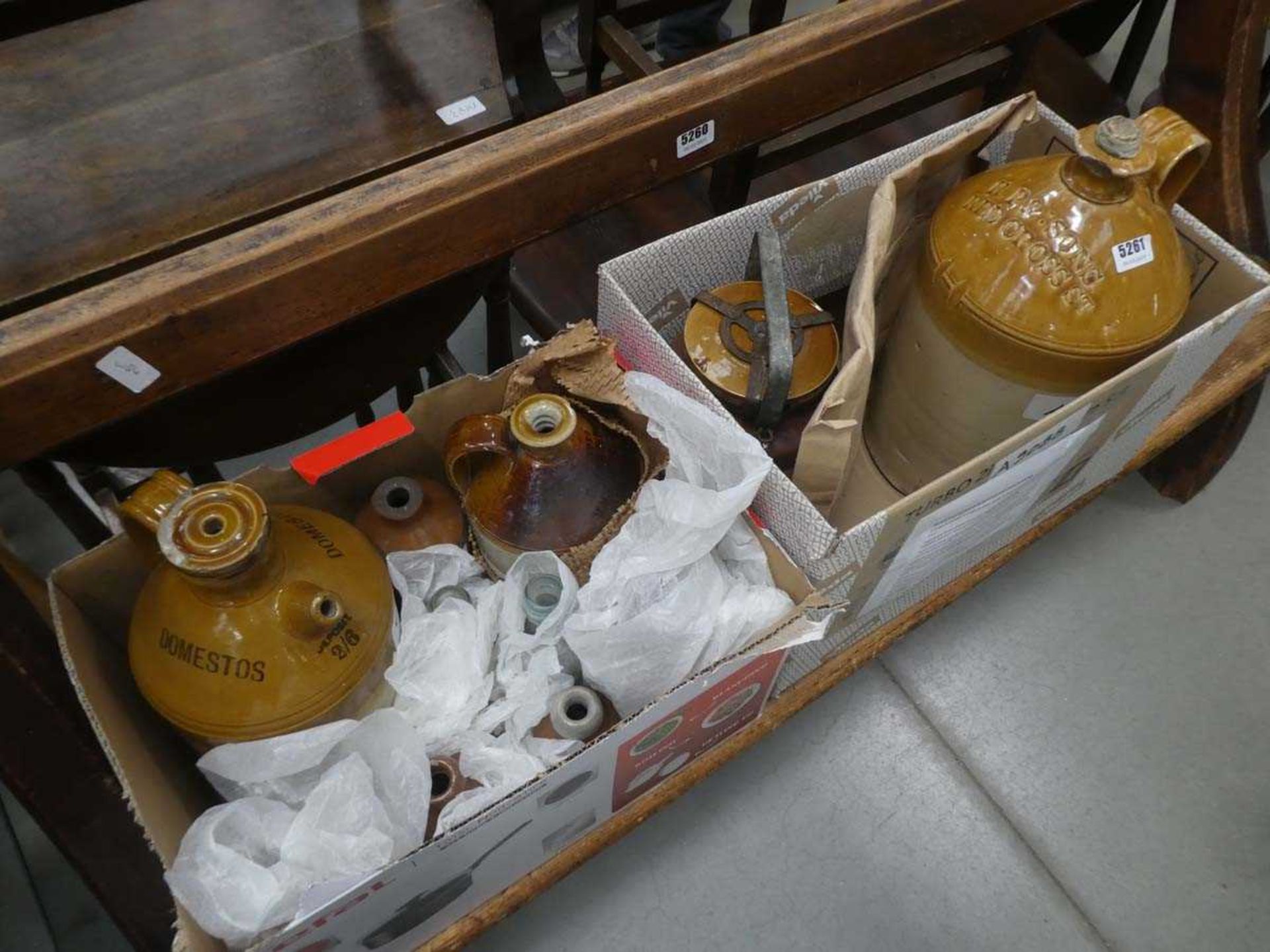 Quantity of stoneware flagons, Domestos pot, plus glass bottles