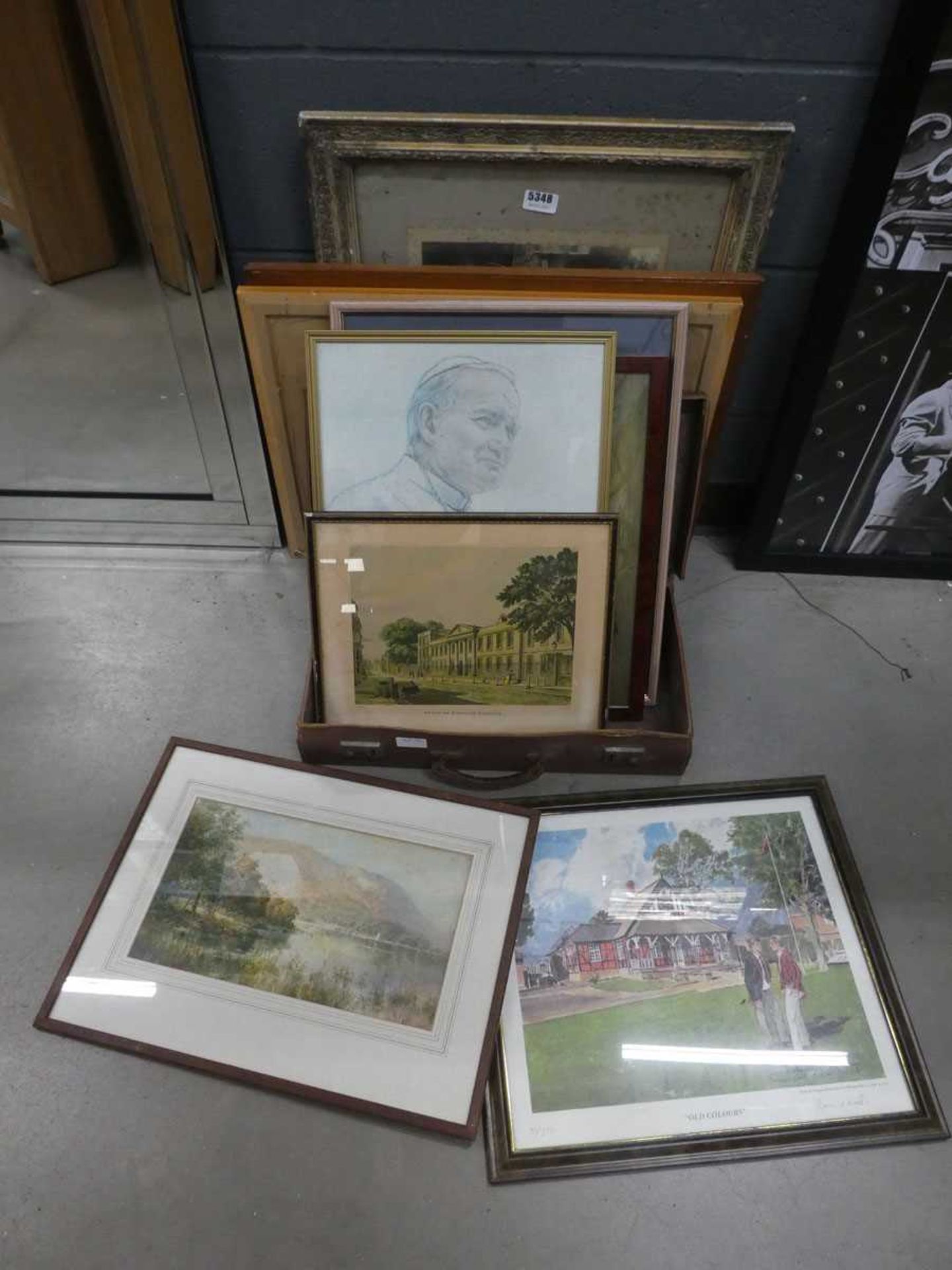 Vintage suitcase with quantity of prints and watercolours inc. schoolboys, study of the Pope,