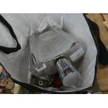 Bag containing oversized hipflask, two others, butter mould, loose cutlery and cruet set