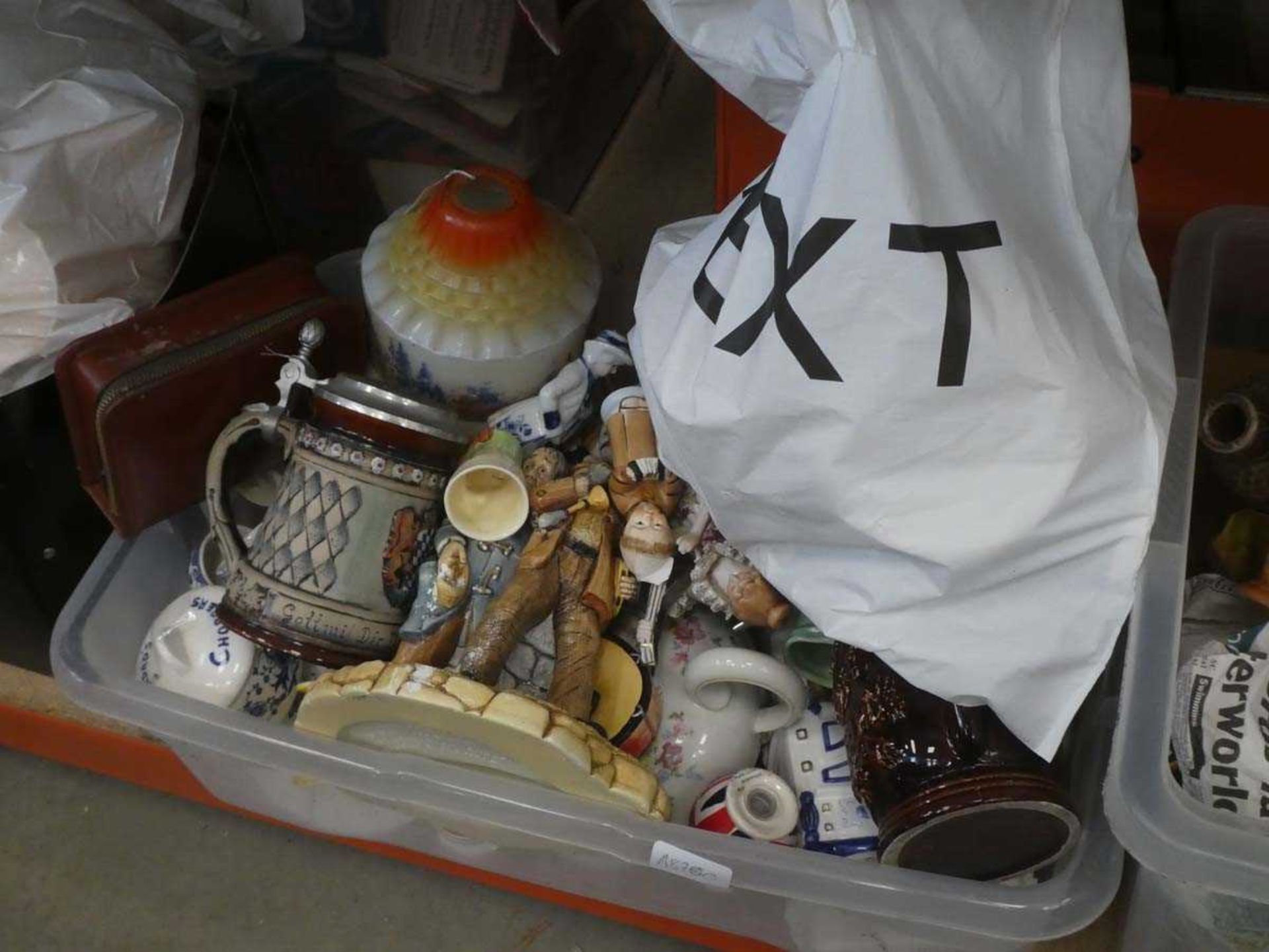 Two boxes containing egg basket, novelty teapot, coffee mugs, Portmeirion china, ornamental figures, - Image 2 of 3