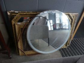 Circular mirror plus a overmantle, an oleograph - rural scene, cart and horses plus a cityscape