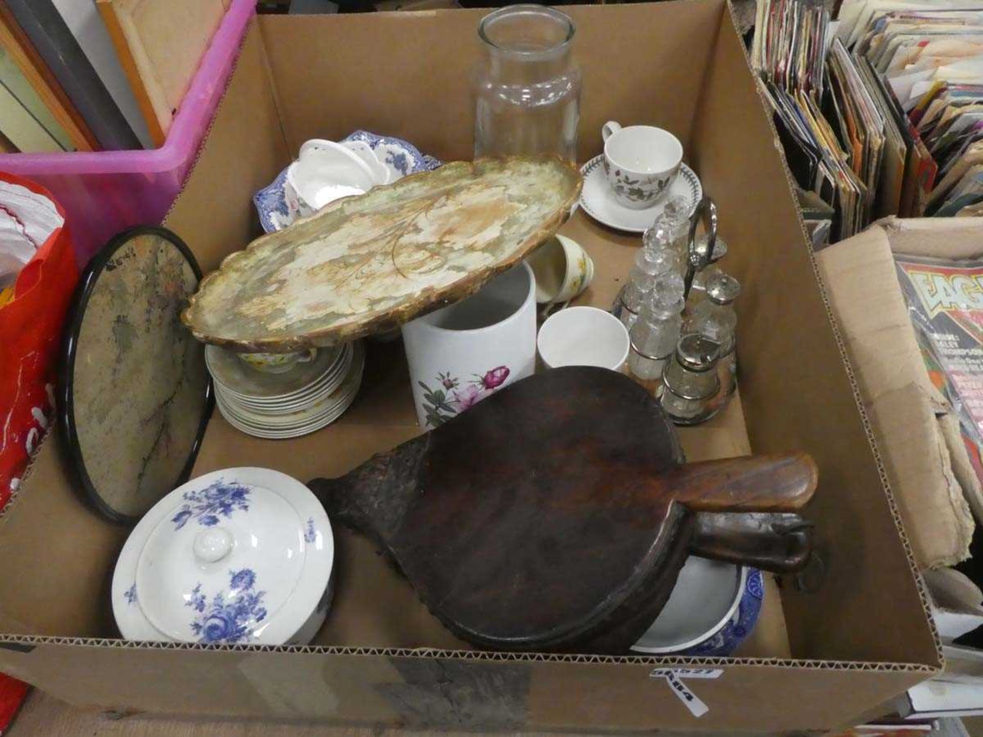 Box containing a book on atlases, blue and white and floral patterned crockery plus Chinese fan