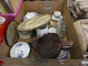Box containing a book on atlases, blue and white and floral patterned crockery plus Chinese fan