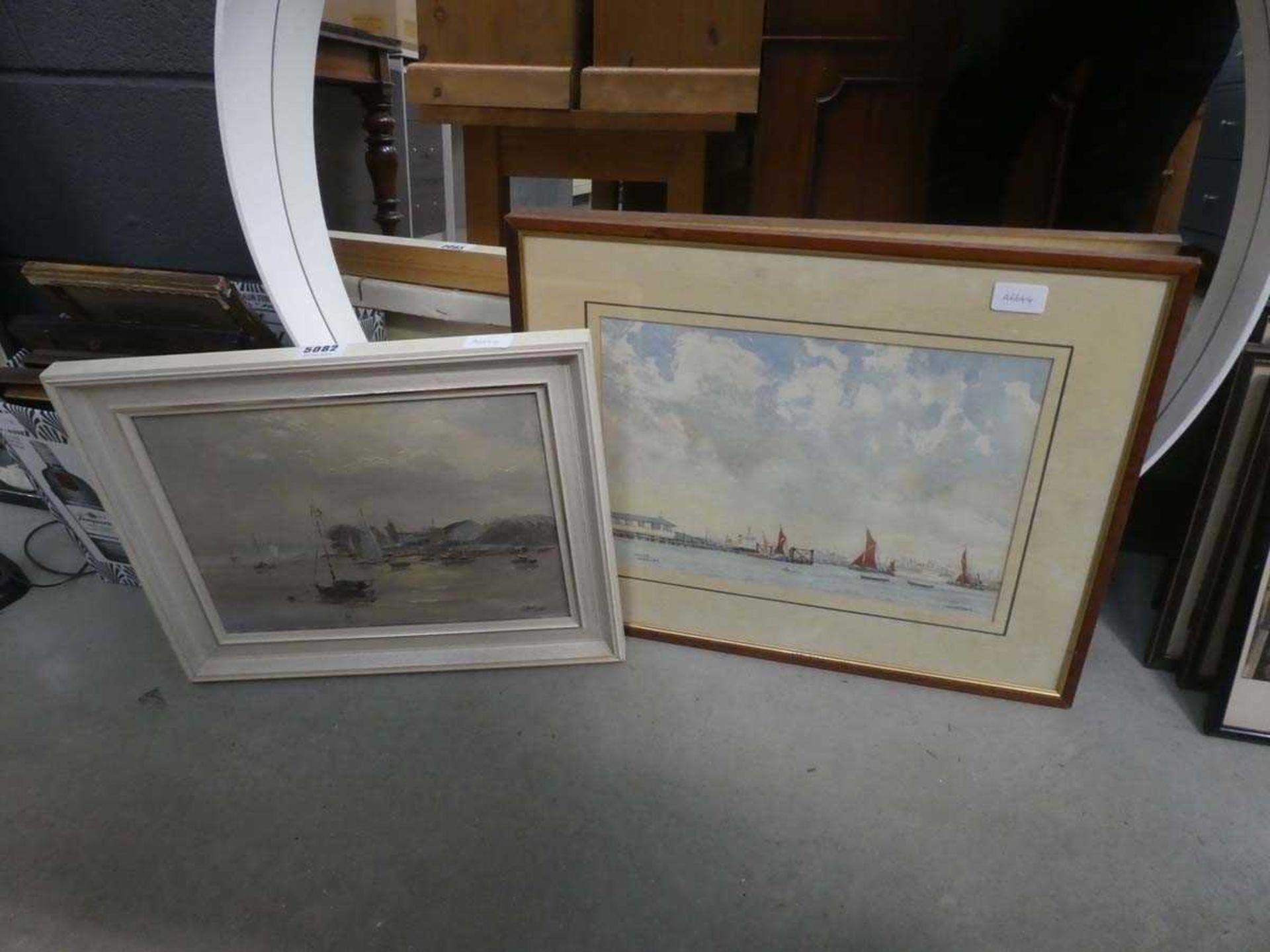 Watercolour, boats in harbour, plus oil in canvas, moored boats
