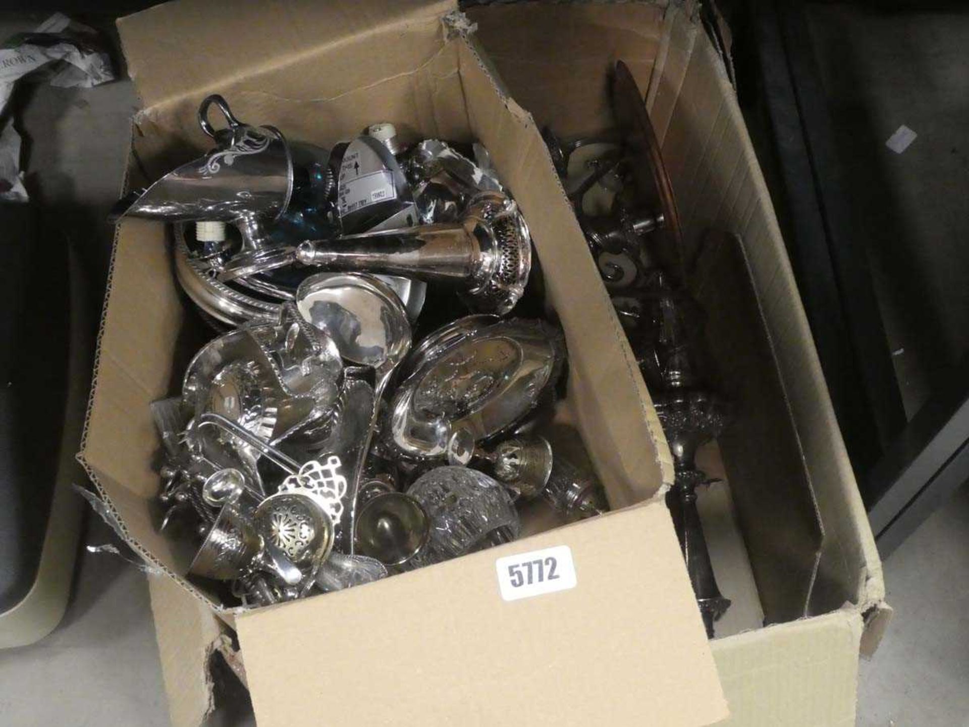 Boxes containing large collection of silver plate to include candlesticks, coasters, part tea