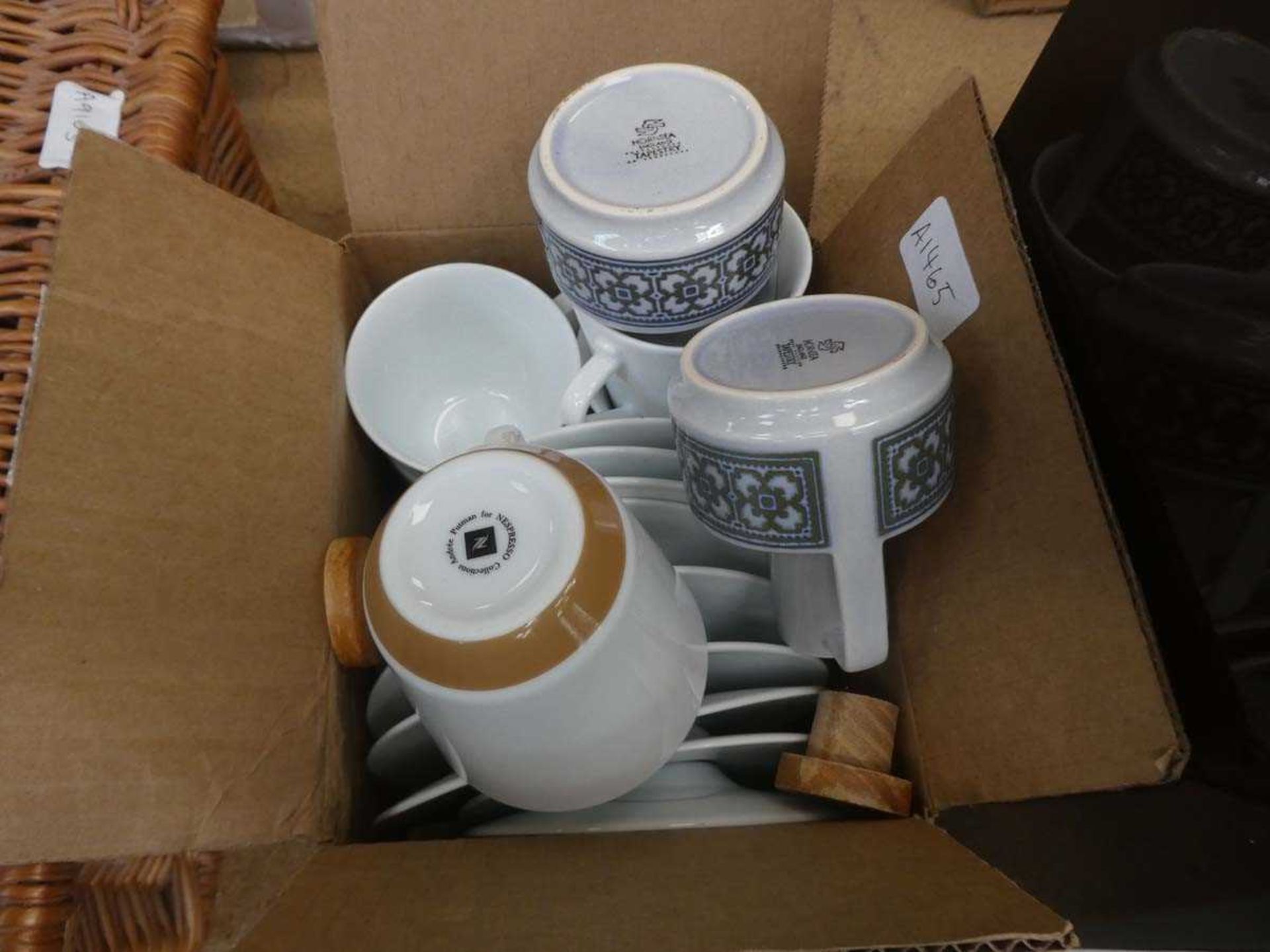 Box containing Hornsea jugs plus Nespresso cups and saucers