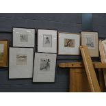 6 pencil drawings and engravings inc. cityscapes, Venice, Huntsman, trees, and The Wailing Wall