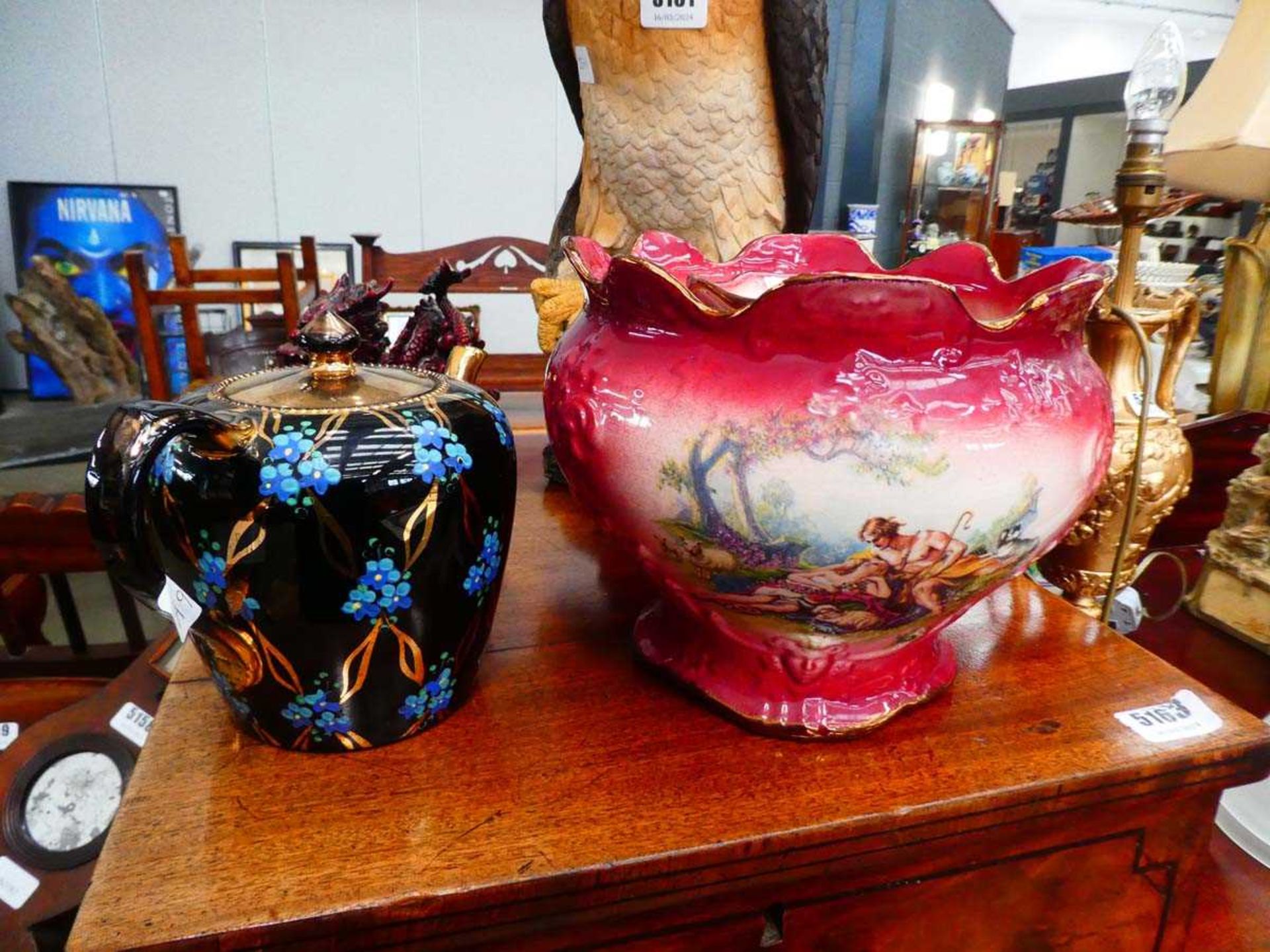 Transfer printed bowl, plus a vase and teapot