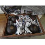 Box with four vintage bowling balls