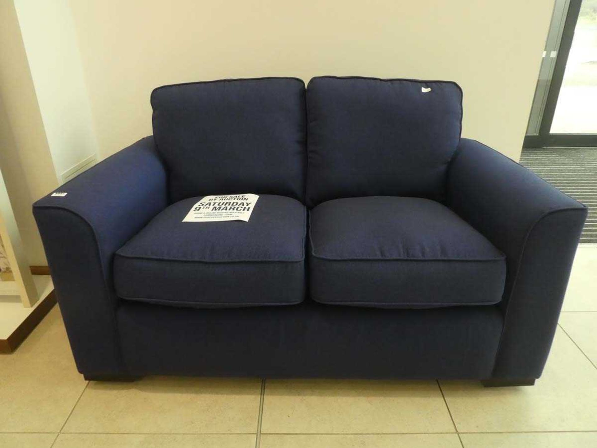(13) Boardwalk small navy blue fabric 2-seater sofa