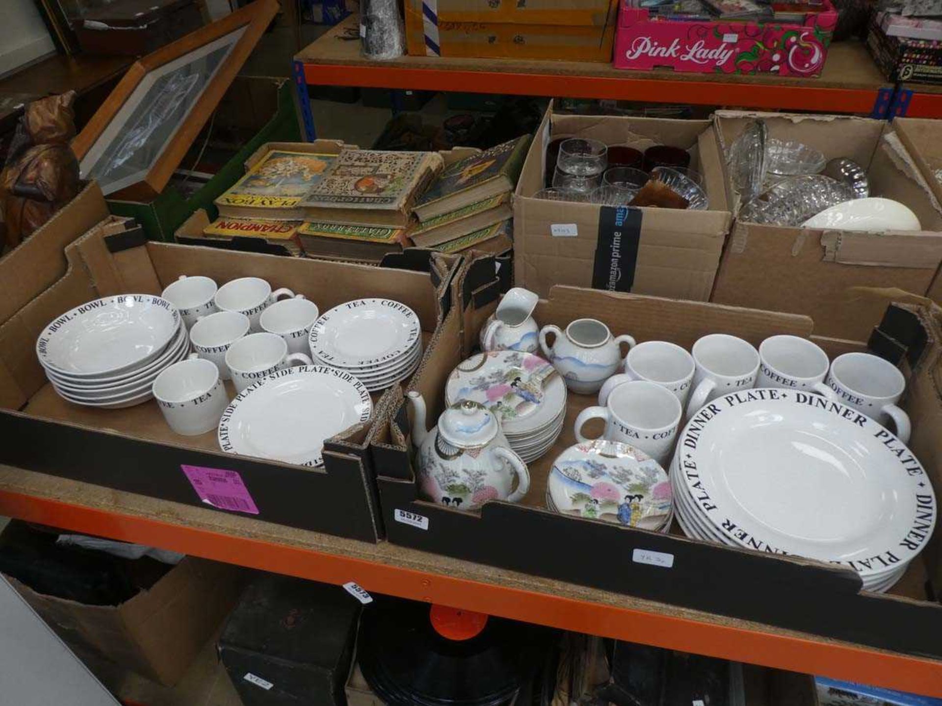 Two boxes containing Royal Norfolk and Japanese export crockery