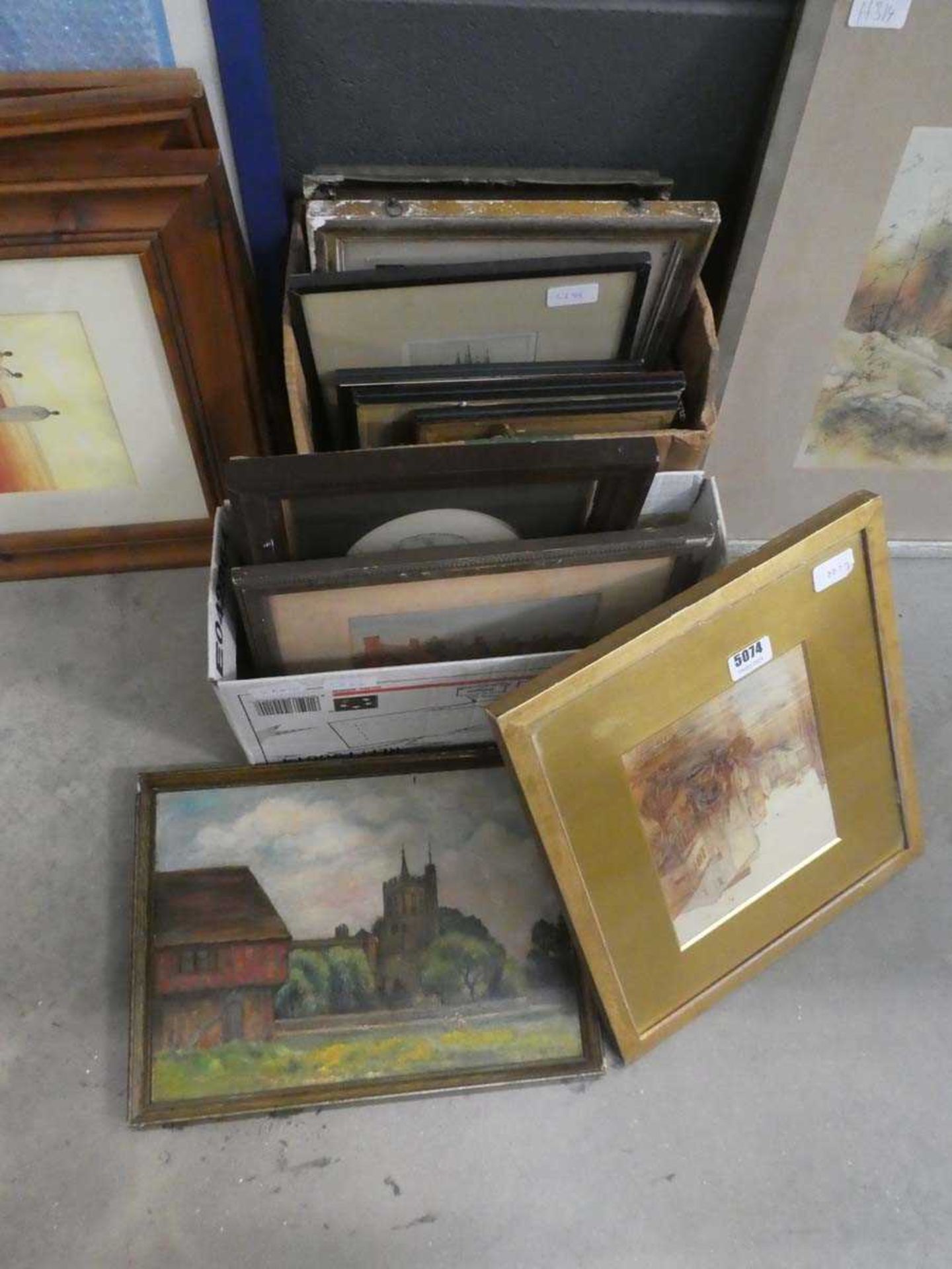 Two boxes containing a quantity of Venetian urban and rural watercolours and engravings