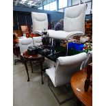 Black painted dining table, plus six leather effect dining chairs
