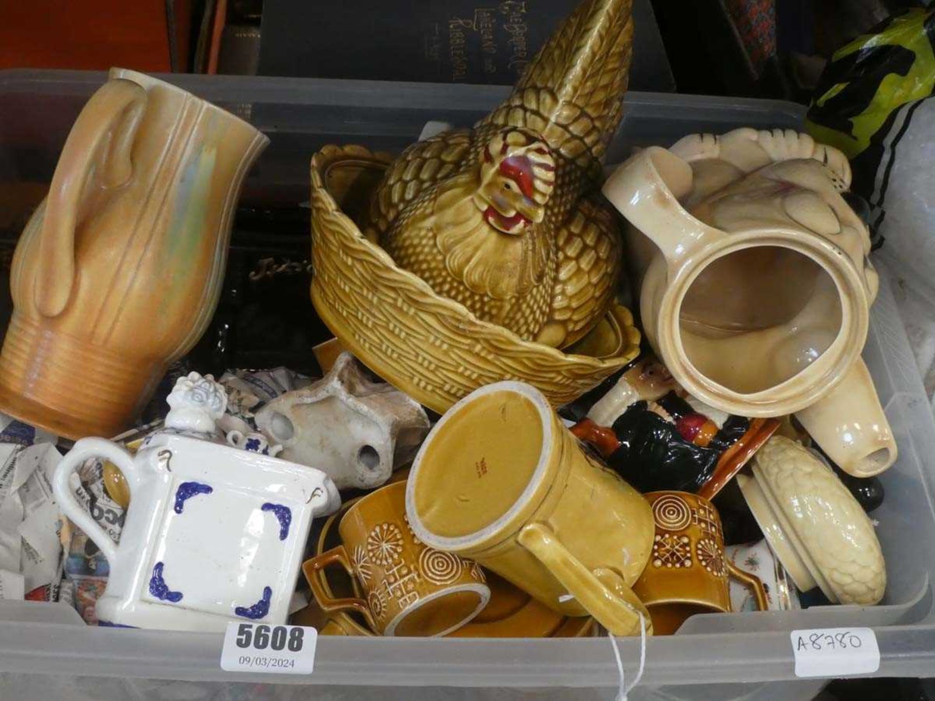 Two boxes containing egg basket, novelty teapot, coffee mugs, Portmeirion china, ornamental figures, - Image 3 of 3