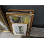 Quantity of paintings and prints, to include houses and lake, nude study, and house interior