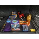 Cage containing boxed Thunderbird, Wonderwomen and other figures, plus a Hornby train carriage and